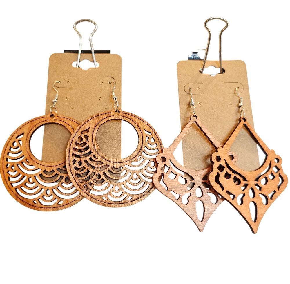 Wooden Laser Cut Dangle Earrings Boho Style Lightweight Lot of 2 pr Round